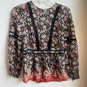 Bohemian Patterned Long Sleeve Veronica Beard form fitting Top SZ 2